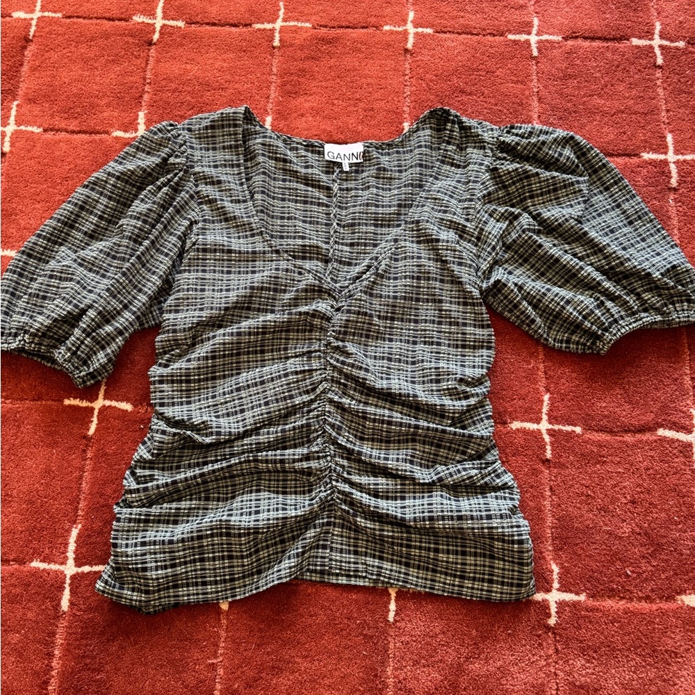 Ganni Black & White Plaid Ruched V-Neck Puff Sleeve Top